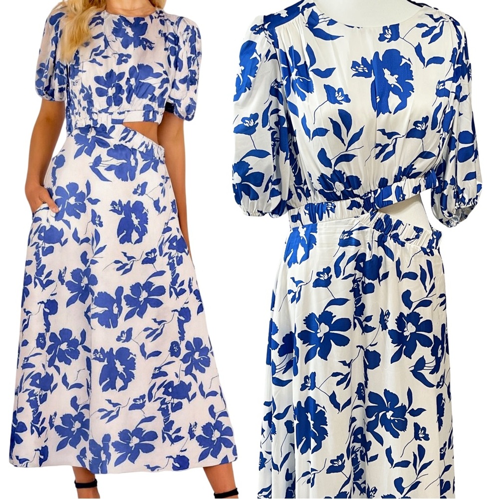 Petal and Pup Aminah Maxi Dress Puff Sleeve Cutout Size L Blue Floral